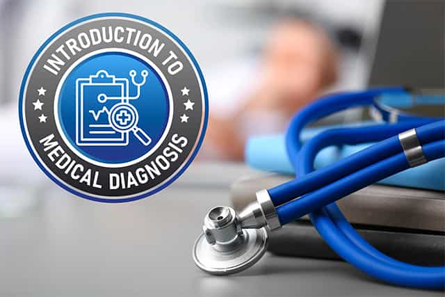 IMDC Logo and Blue Stethoscope On Desk with Blurred Background Hands